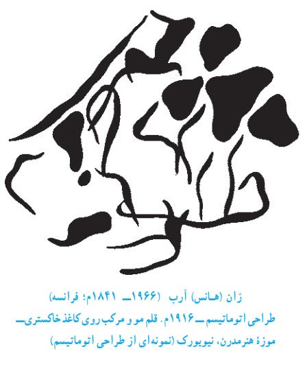 ژان (هـانس)  ( فرانسه)  طراحى اتوماتيسم ــ 1916م. قلم مو و مرکب روى کاغذ خاکسترى- بورس صنایع دستی